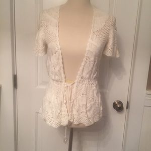LYNDIA PROCANIK SWEATER CARDIGAN WHITE SHORT SLEEVE WAIST CINCH SIZE S